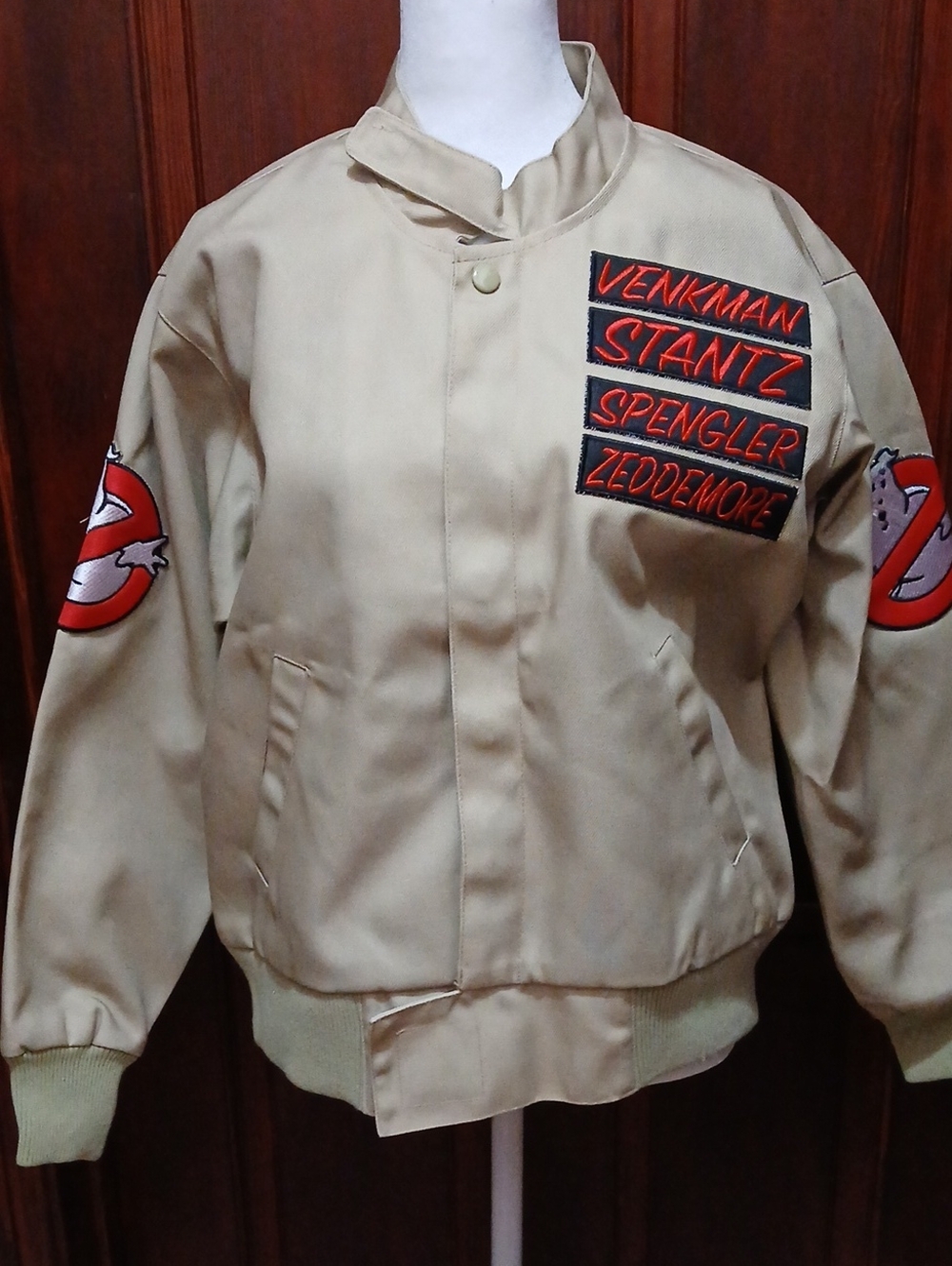 Beige Ghostbusters-Style Twill Jacket with Character Embroiderd Patches